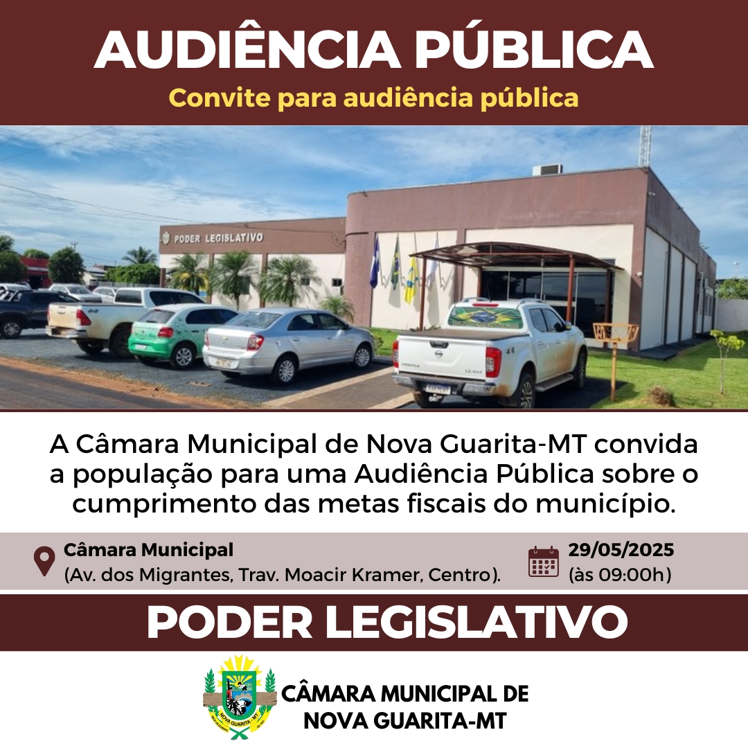 A Câmara Municipal de Nova Guarita convida a população para uma Audiência Pública sobre o cumprimento das metas fiscais do município.