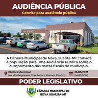 A Câmara Municipal de Nova Guarita convida a população para uma Audiência Pública sobre o cumprimento das metas fiscais do município.