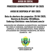 AQUISIÇÃO DE GÊNEROS ALIMENTÍCIOS, MATERIAIS DE COPA E COZINHA, MATERIAIS DE HIGIENE E LIMPEZA, E GÁS ENGARRAFADO, PARA SEREM UTILIZADOS NA CÂMARA MUNICIPAL DE NOVA GUARITA – MT