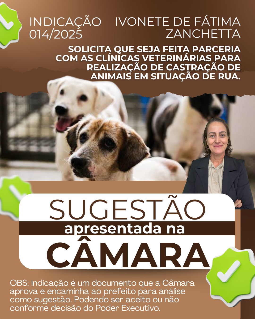 INDICAÇÃO Nº 014/2025 - ASSUNTO: SOLICITA QUE SEJA FEITA PARCERIA COM AS CLÍNICAS VETERINÁRIAS PARA REALIZAÇÃO DE CASTRAÇÃO DE ANIMAIS EM SITUAÇÃO DE RUA. AUTORIA: IVONETE DE FÁTIMA ZANCHETTA