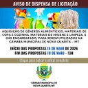 Câmara de Nova Guarita informa prazo para recebimento de propostas até dia 19/05 para aquisição de GÊNEROS ALIMENTÍCIOS E MATERIAIS DE COPA E COZINHA