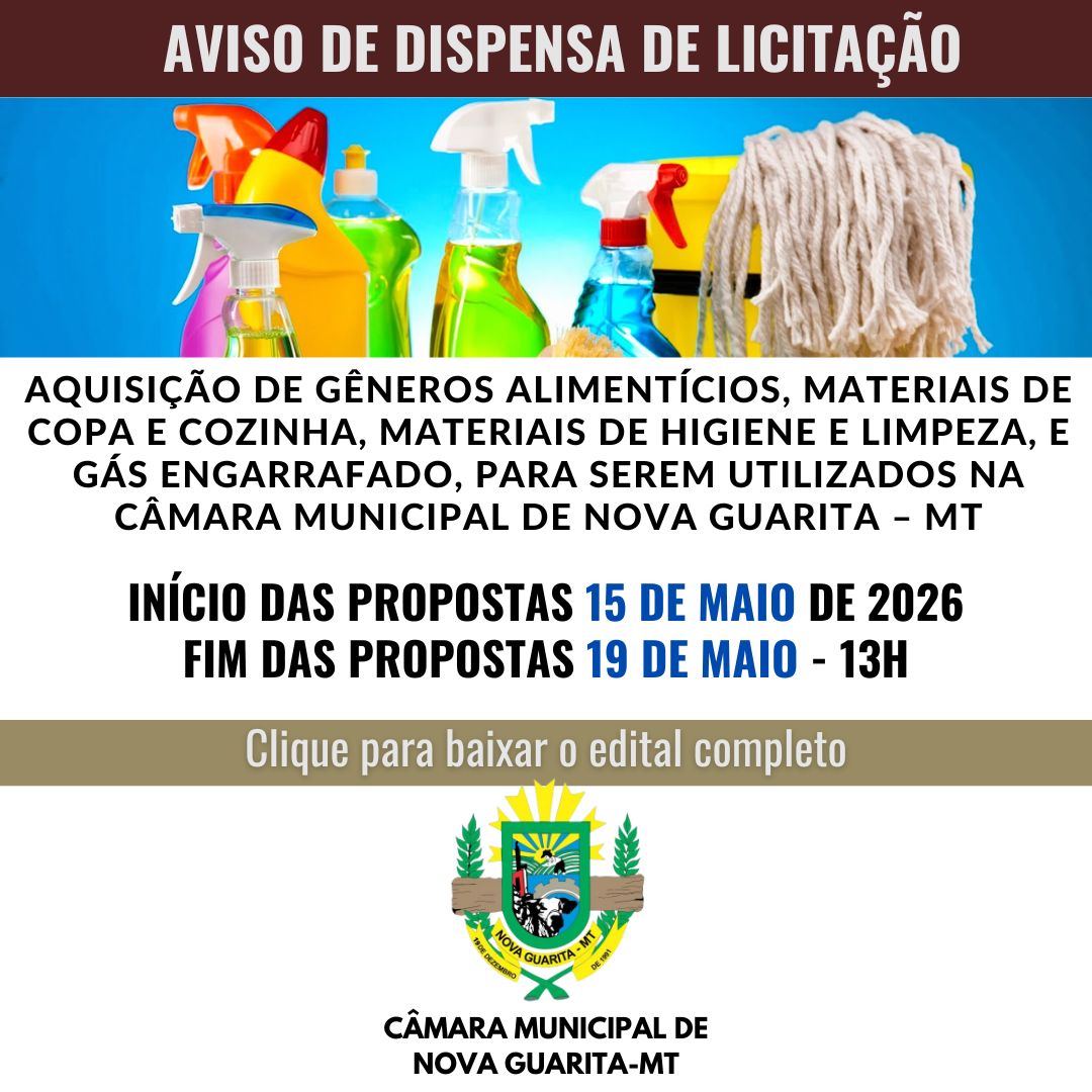 Câmara de Nova Guarita informa prazo para recebimento de propostas até dia 19/05 para aquisição de GÊNEROS ALIMENTÍCIOS E MATERIAIS DE COPA E COZINHA