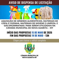 Câmara de Nova Guarita informa prazo para recebimento de propostas até dia 19/05 para aquisição de GÊNEROS ALIMENTÍCIOS E MATERIAIS DE COPA E COZINHA
