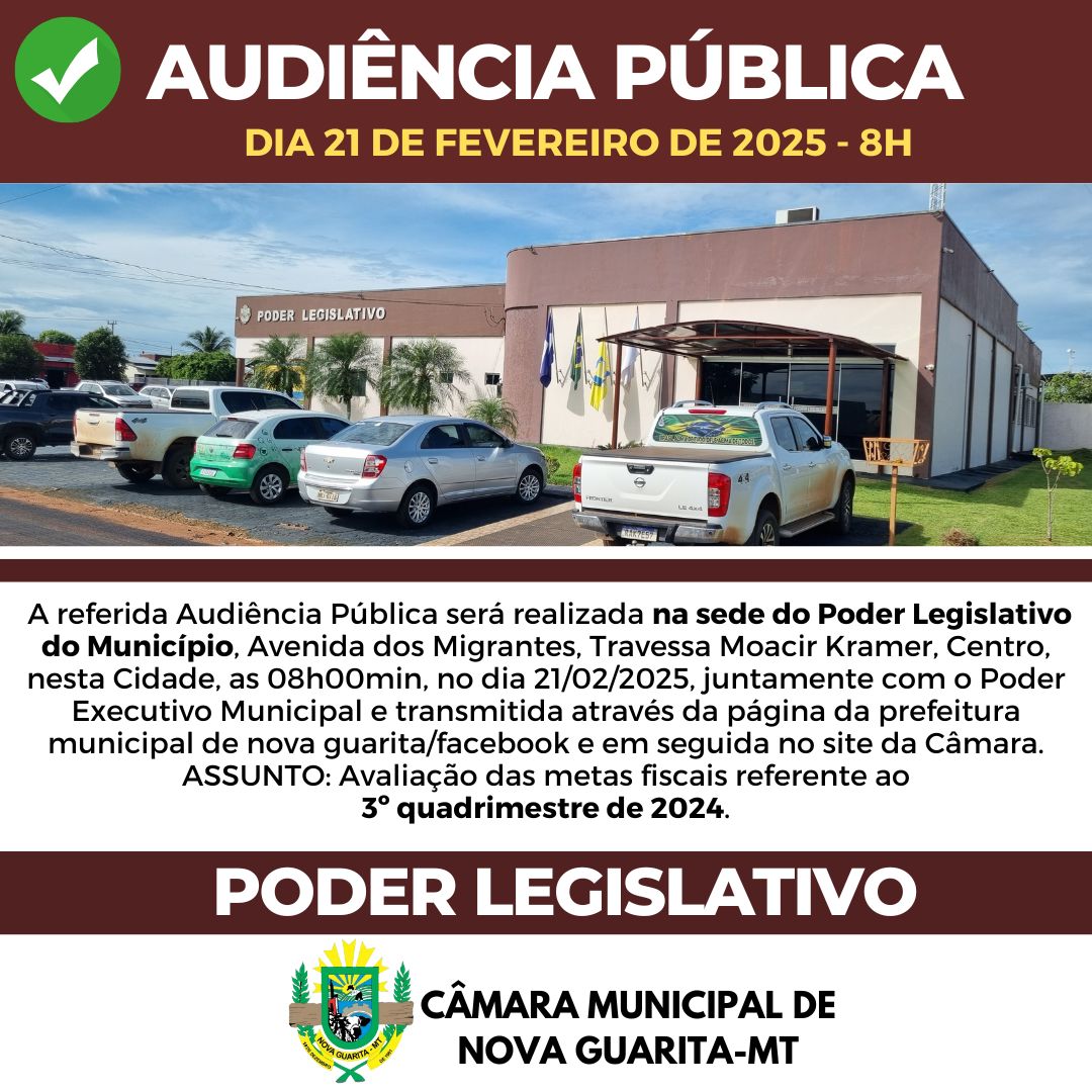 Câmara de Nova Guarita realiza neste dia 21 de fevereiro às 8 horas da manhã uma AUDIÊNCIA PÚBLICA 