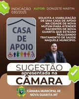 Vereador Donizete Martin apresenta indicação pedindo viabilização de casa de apoio em Nova Mutum para pacientes de Nova Guarita 